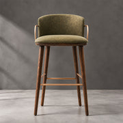 Modern Upholstered Bar Stool with Curved Backrest Gold Arm Detail Wooden Legs Counter Chair 1 Piece